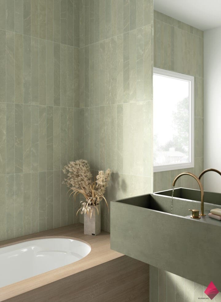 Зеленая плитка под кирпич для ванной