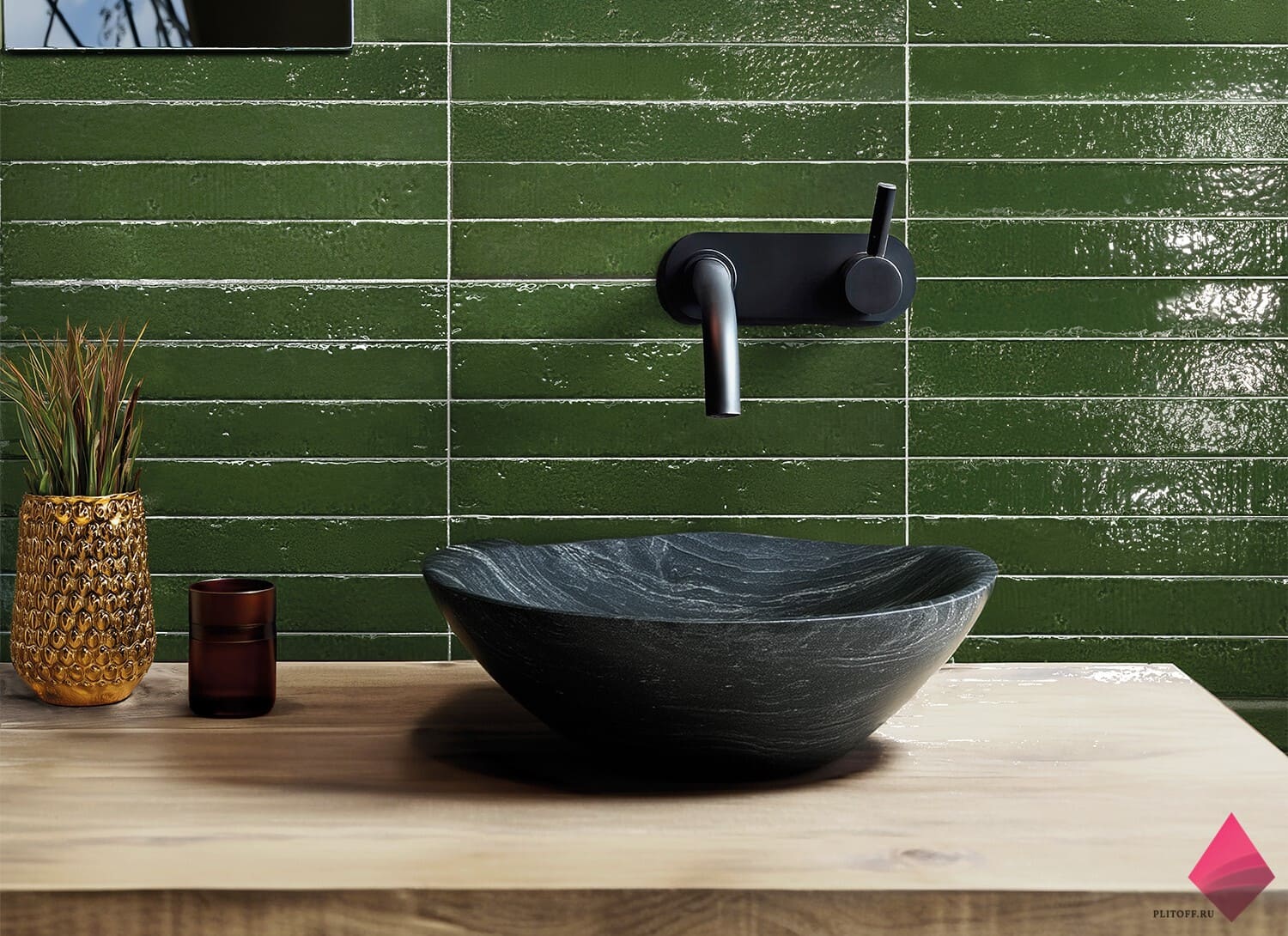 Зеленая узкая глянцевая плитка