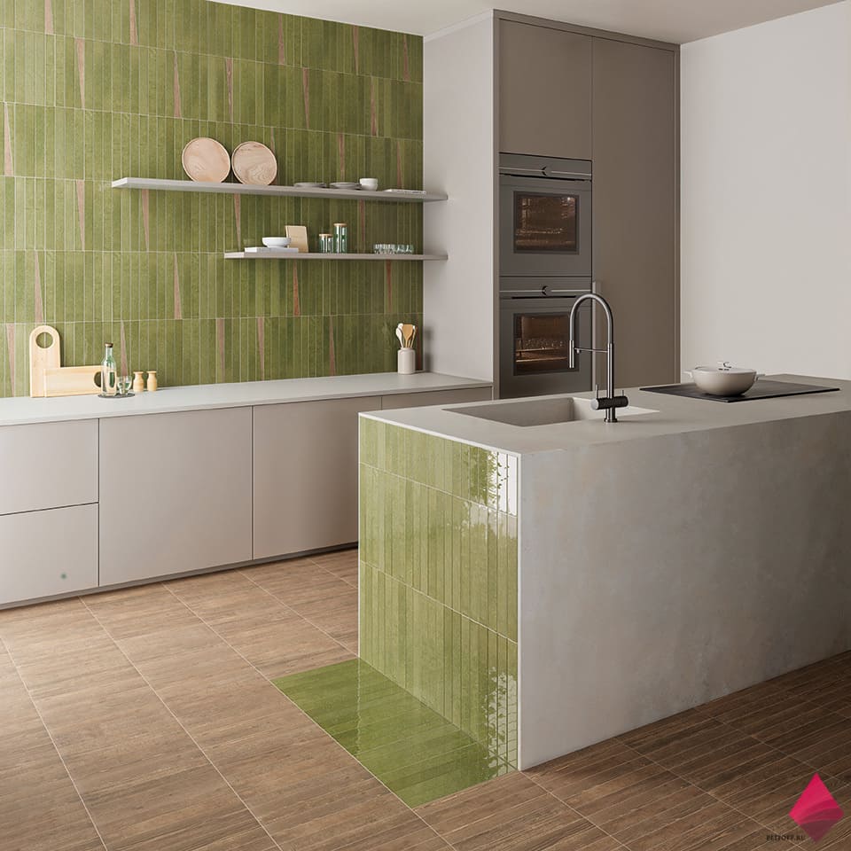 Зеленая узкая плитка для кухни