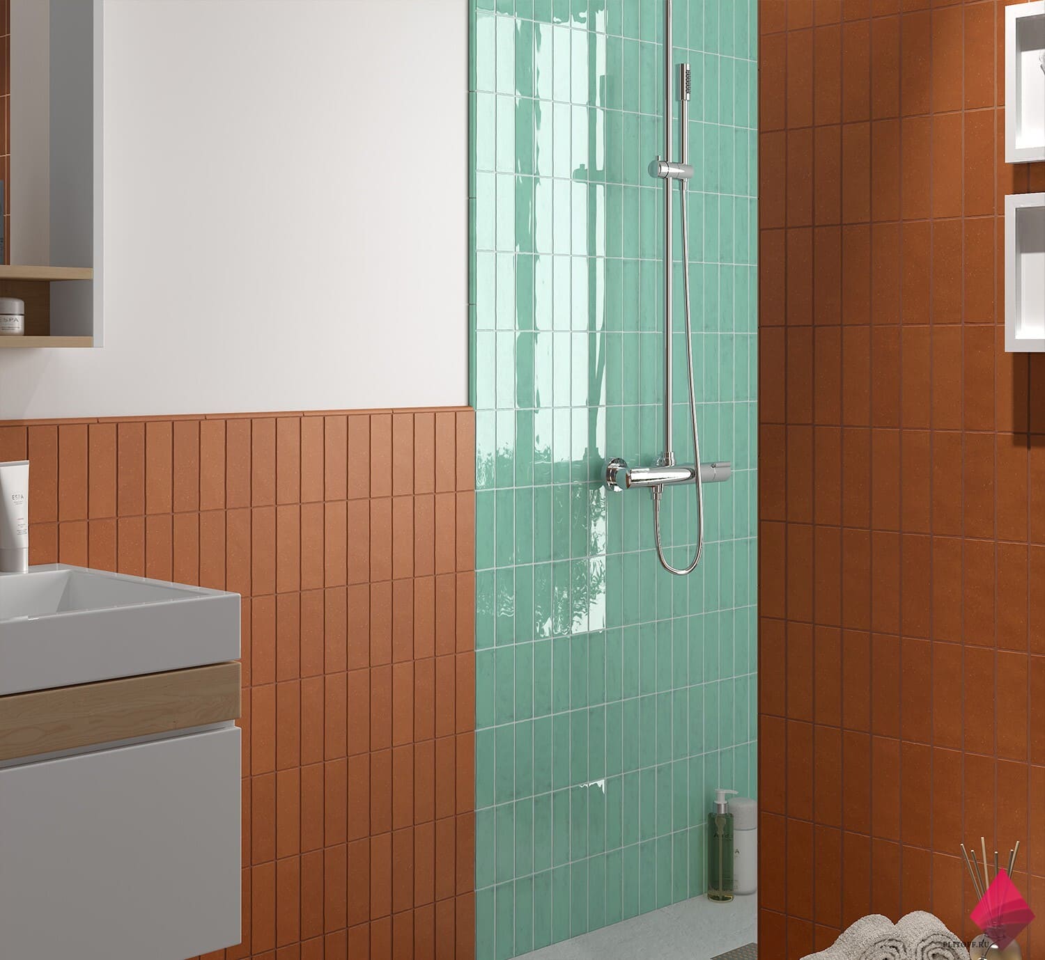 яркая плитка под кирпич для ванной